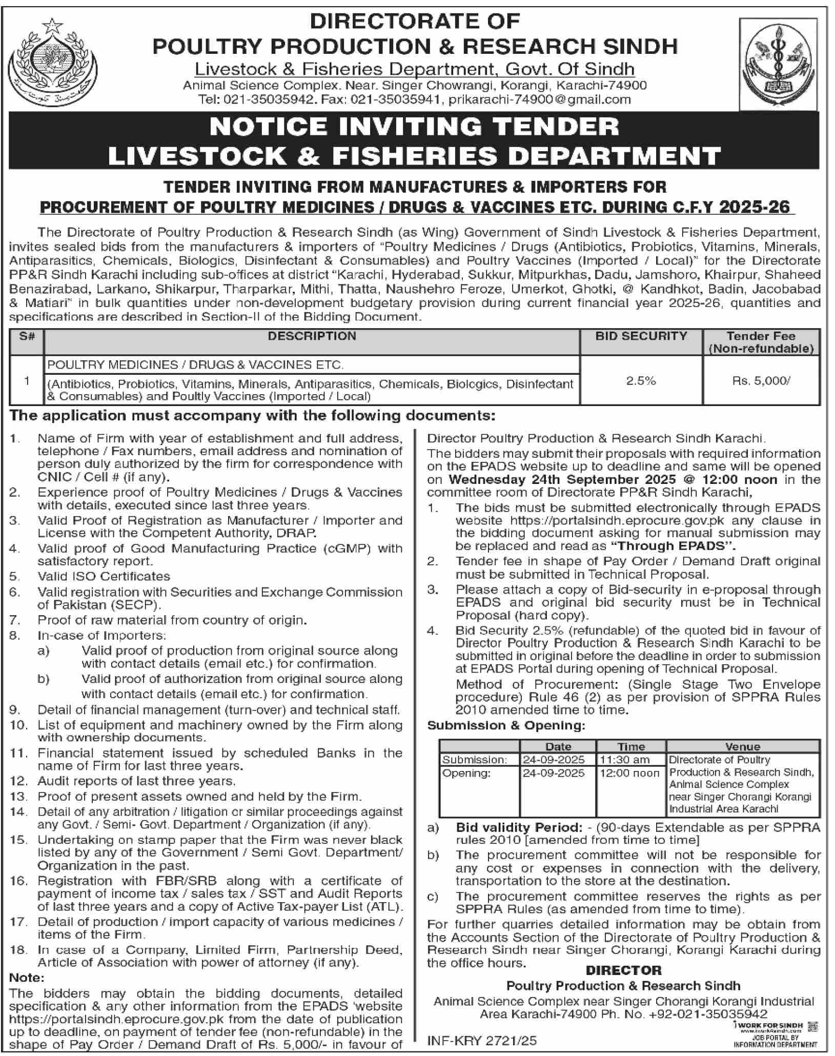 Livestock & Fisheries Department Karachi Tender Notice-1
